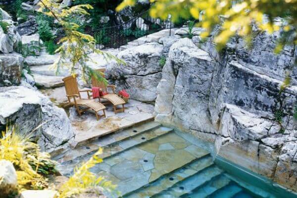 Custom Inground Swimming Pool - The Quarry Pool Looking At Patio and Stairs