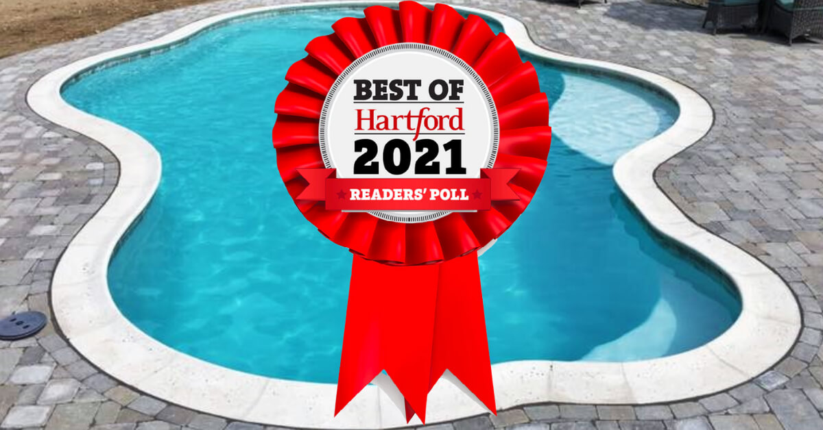 Aqua Pool & Patio gunite swimming pool construction in Connecticut showing best of hartford 2021 ribbon