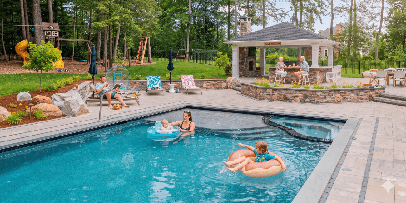 Family enjoying a backyard pool